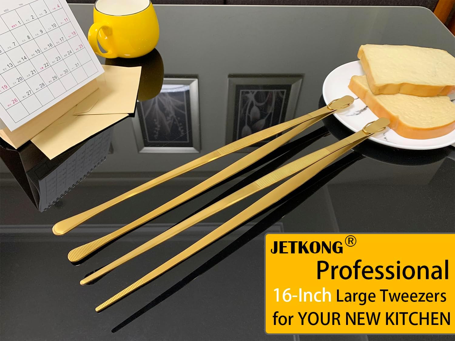JETKONG 2 Pcs 16-Inch Heavy Duty Cooking Tweezers Extra Large Stainless Steel Food Tweezers Gaint Kitchen Tweezer Tongs (Gold)