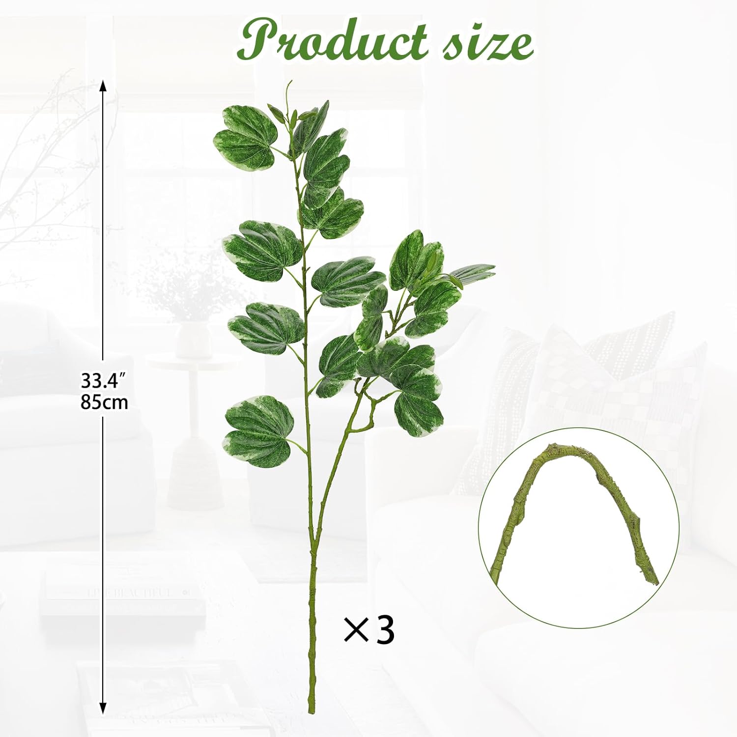 Hollyone 3PCS Artificial Leaf Branches for Vase 33.4 Inch Faux Greenery Stems Long Stems Fake Shrubs Branches Leaves Plants with White-Edged Twig Stems for Vase Garden Home Office Wedding Decoration