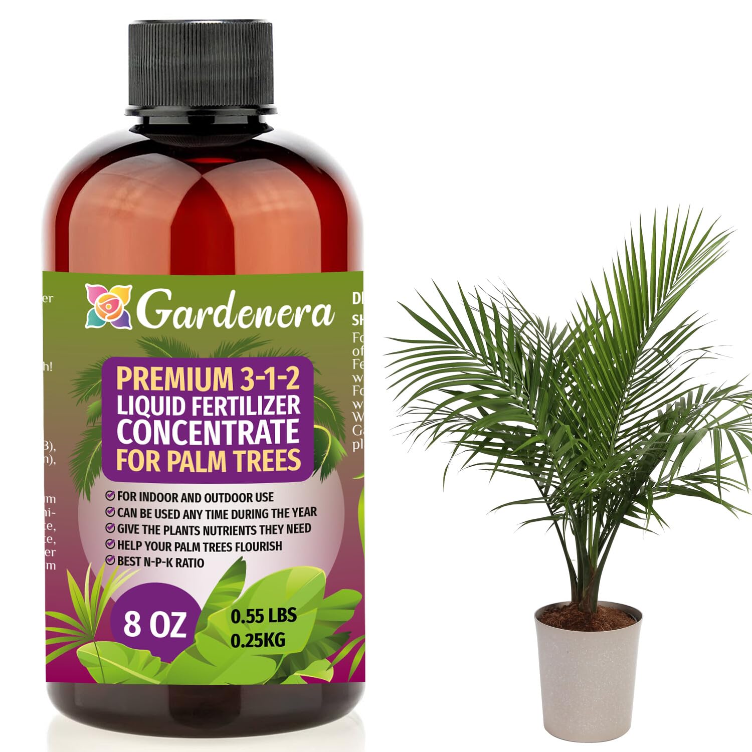 Premium Liquid Palm Tree Plant Fertilizer - 3-1-2 Concentrate for Indoor Plants and Flowers by Gardenera | Organic Plant Food for Palm Trees - 8oz
