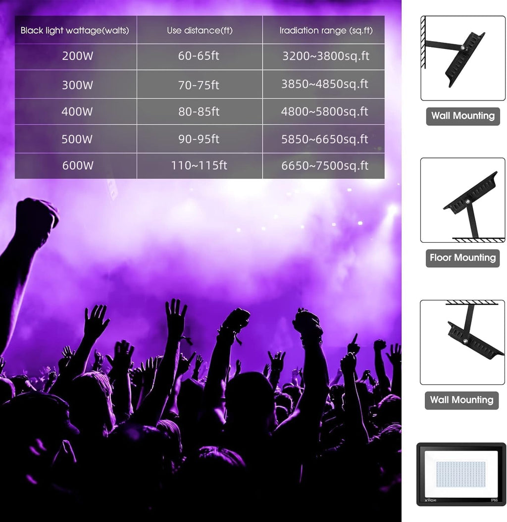 500W 2 Pack LED Black Light,Black Flood Light Outdoor with Plug and Switch, IP66 Waterproof 395nm to 405nm LED UV Blacklight Neon Glow for Glow Party, Halloween, Fluorescent Poster, Body Paint