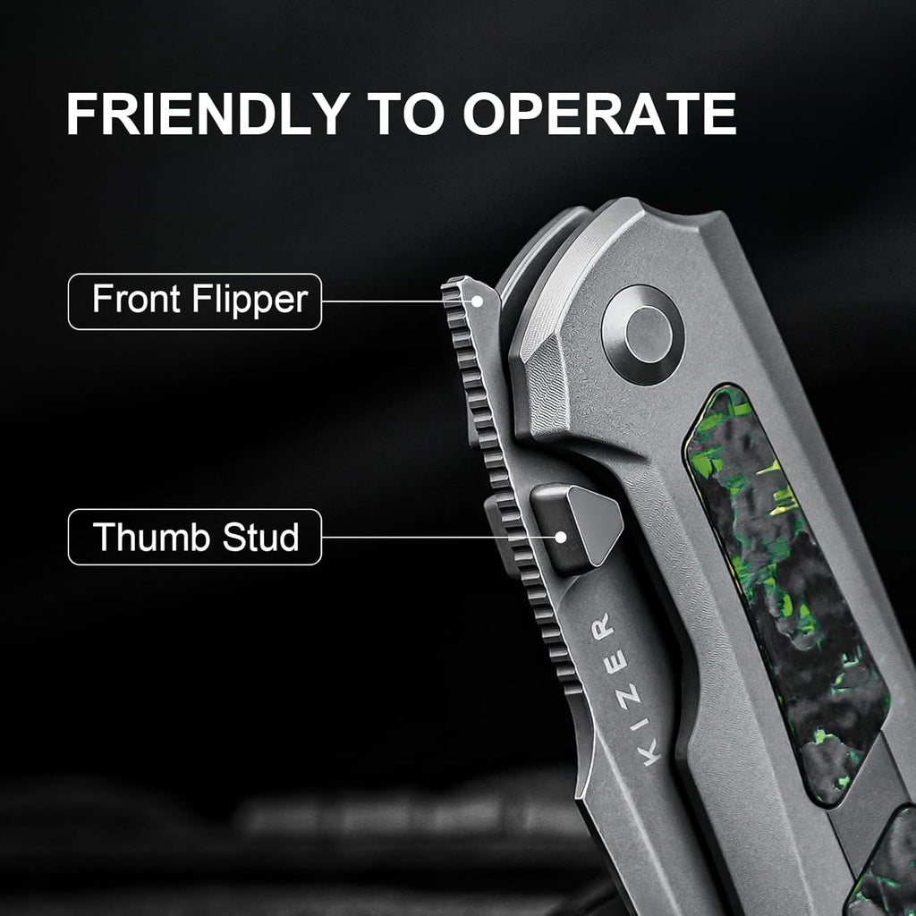 Kizer Feweed Pocket Knife, 2.98" S90V Clip Point Blade Folding Knife with Titanium & Fat Carbon Toxic Storm Handle, Front Flipper & Thumb Stud Opener EDC Knives for Camping Hiking KI3694A2