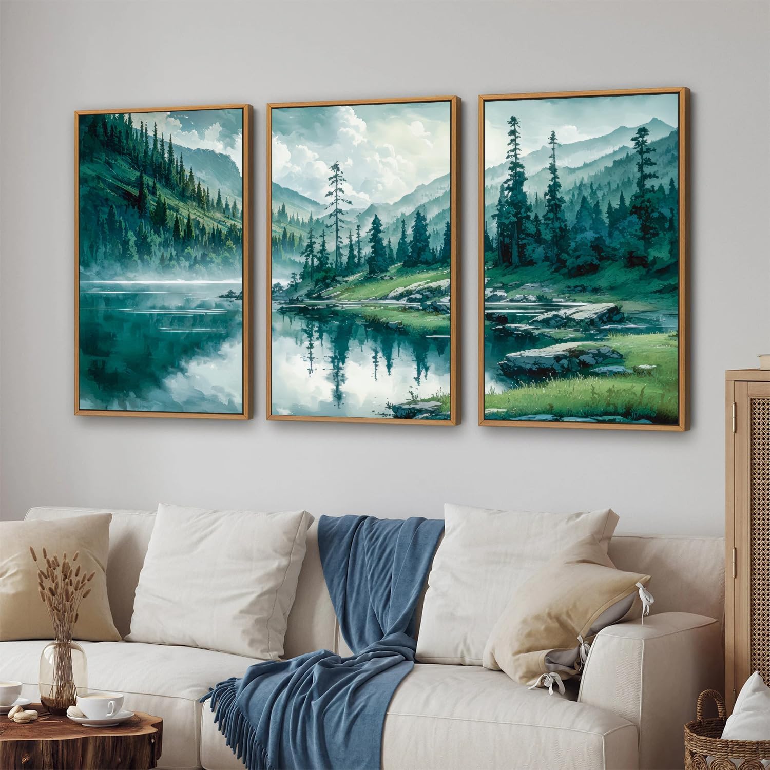 Tinonedraw Large Nature Forest Framed Canvas Wall Art Set, Boho Mountains Calming Lake Wall Decor, Green Pine Trees Artwork, Northern Wilderness Art Painting for Living Room Bedroom Office 24"x36"x3