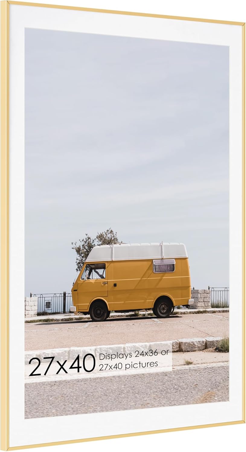 Fun Memories 27x40 Metal Picture Frame with 24x36 Mat, Brushed Aluminum Finish, Tempered Glass Front, and Attached Hanging Hardware - Wall Display Frames for Vertical or Horizontal Orientation - Gold