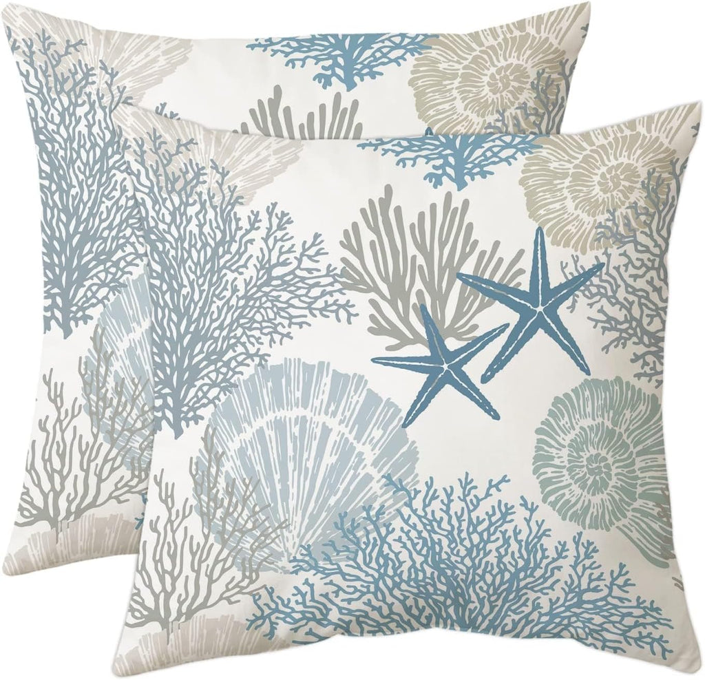 Tritard Nautical Coastal Throw Pillow Covers 22x22 Set of 2 Beach Themed Ocean Seashell Coral Starfish Velvet Couch Decorative Pillow Cases Outdoor Sofa Cushion Cover for Bedroom Living Room, Blue