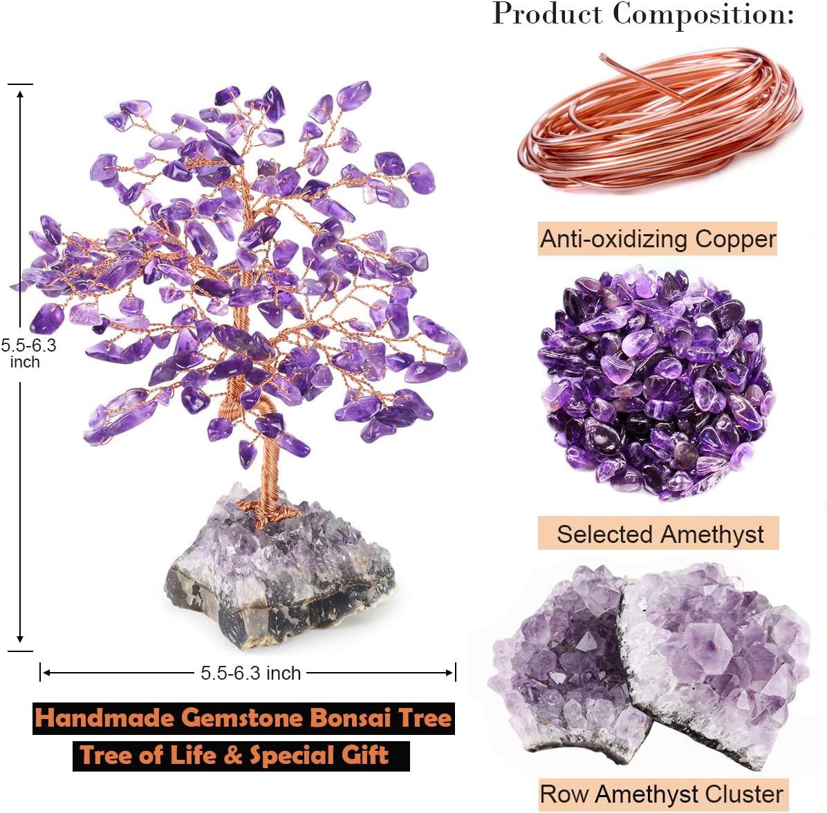 Handmade Chakra Gemstone Crystal Tree of Life,Natural Amethyst with Amethyst Cluster Base,Bonsai Feng Shui Decor Money Tree,Healing Crystals Positive Energy Gift Size 5.5"-6.3"