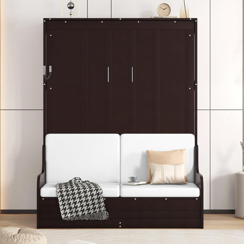 Merax Queen Size Murphy Bed Frame, Modern Wall Bed Can Be Folded into Cabinet, Chair with Cushion, Espresso
