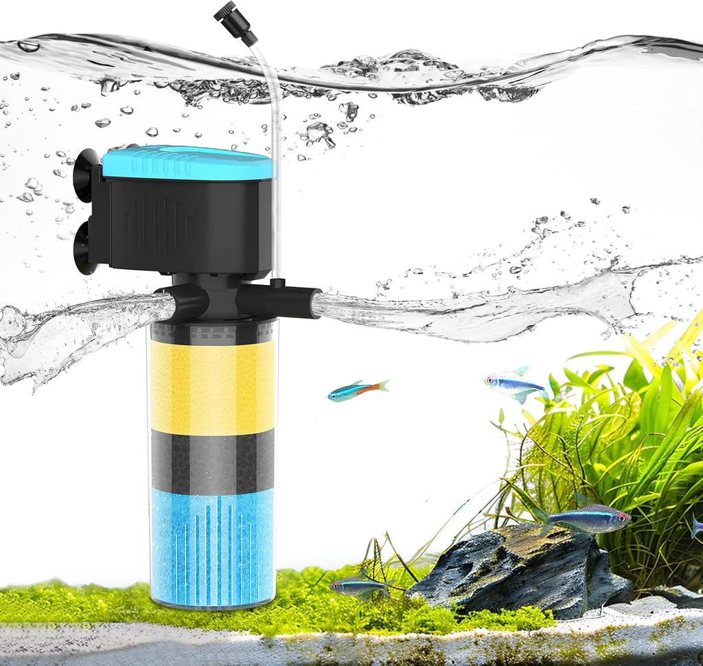 Aquarium Filter 3-Stage in-Tank Filter, Small Internal Fish Tank Filter, Submersible Pumps Filter for 5-20 Gallon Tanks, Turtle Tank Filter, with Dual Water Outlet & Aeration