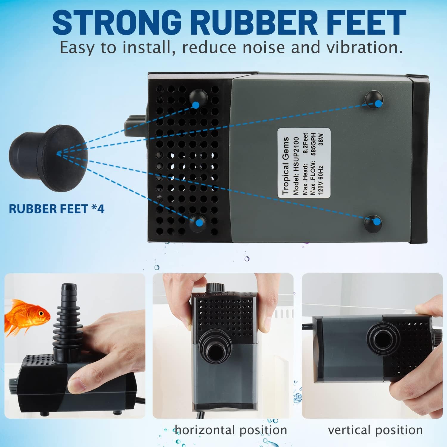 WaterRebirth HSUP2100F Versatile Submersible Pump - Fountain Jets for Ponds, Fish Tanks, Water Gardens - Aquarium & Pond Pump (2100L/H)