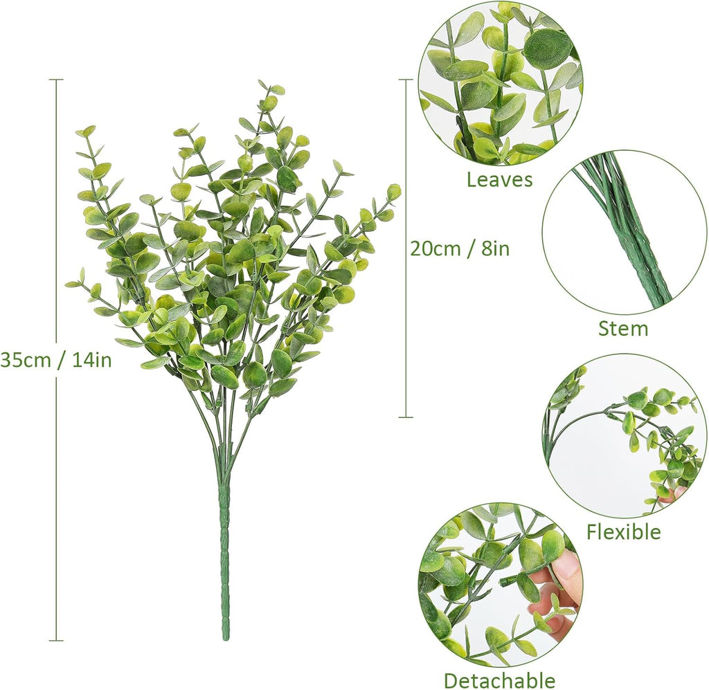 TOCHGREEN 8 Bundles Artificial Eucalyptus Leaves Plants Outdoor UV Resistant Faux Plastic Boxwood Shrubs Fake Greenery Plants for Home Farmhouse Porch Patio Window Garden Decoration (Green)
