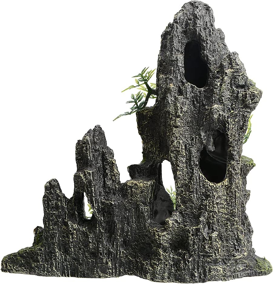 Saim Large and Tall Aquarium Mountain View Stone Decorations, Resin Rocks Aquascaping Cave Ornaments with Plants Fish Tank Accessories Betta Hideout Caves Rockery Landscape 11Inches High