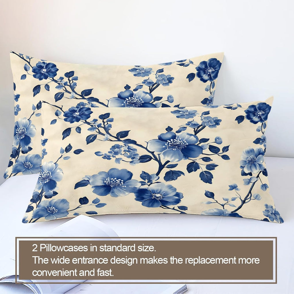 Floral Print Duvet Cover King Size, Boho Blue Tie-Dye Bedding Set 3 Piece Bedroom Decor Rustic Watercolor Comforter Cover and 2 Pillow Sham with Zipper Closure
