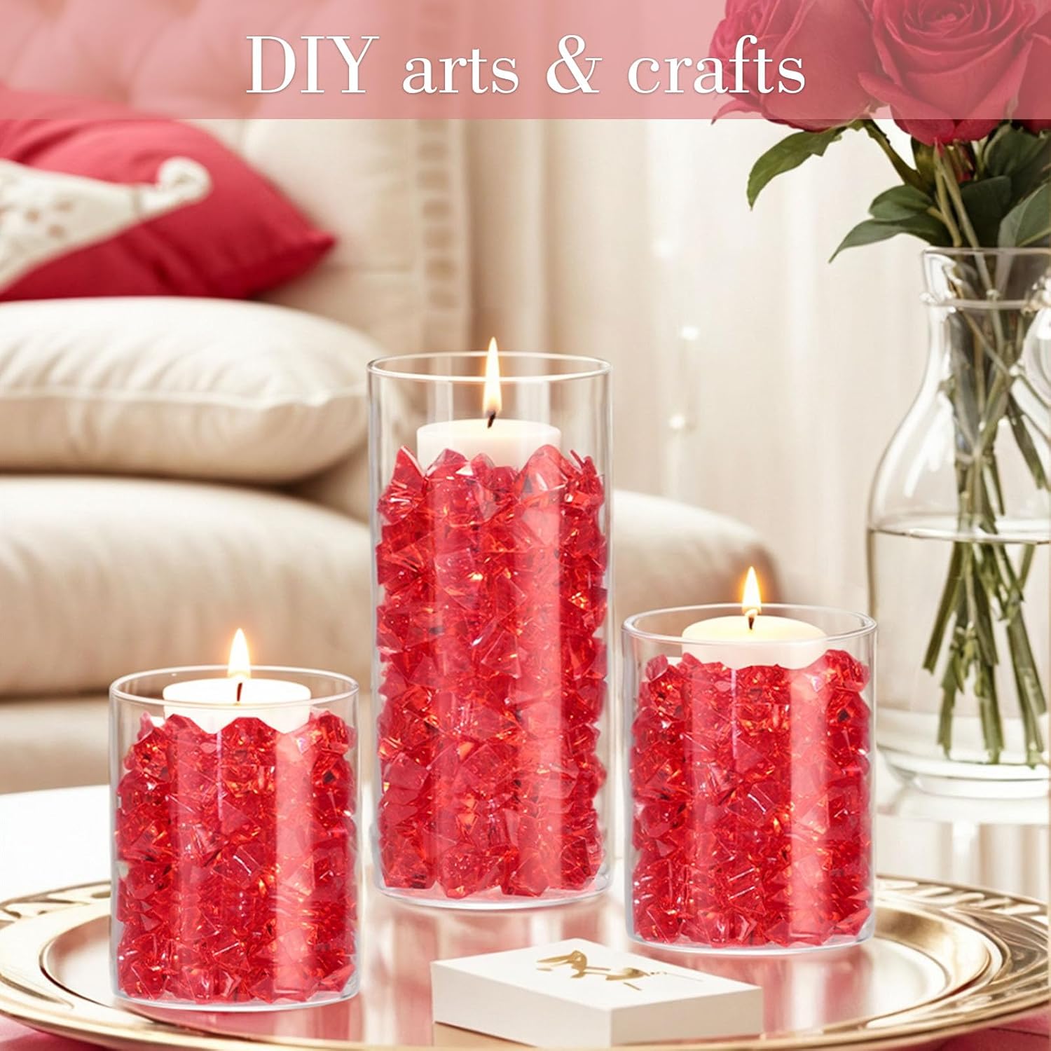 DomeStar Red Fake Ice Rocks, 150PCS Acrylic Gems Crystals Plastic Diamonds Centerpiece for Vase Fillers Wedding Party Table Scatter Decorations