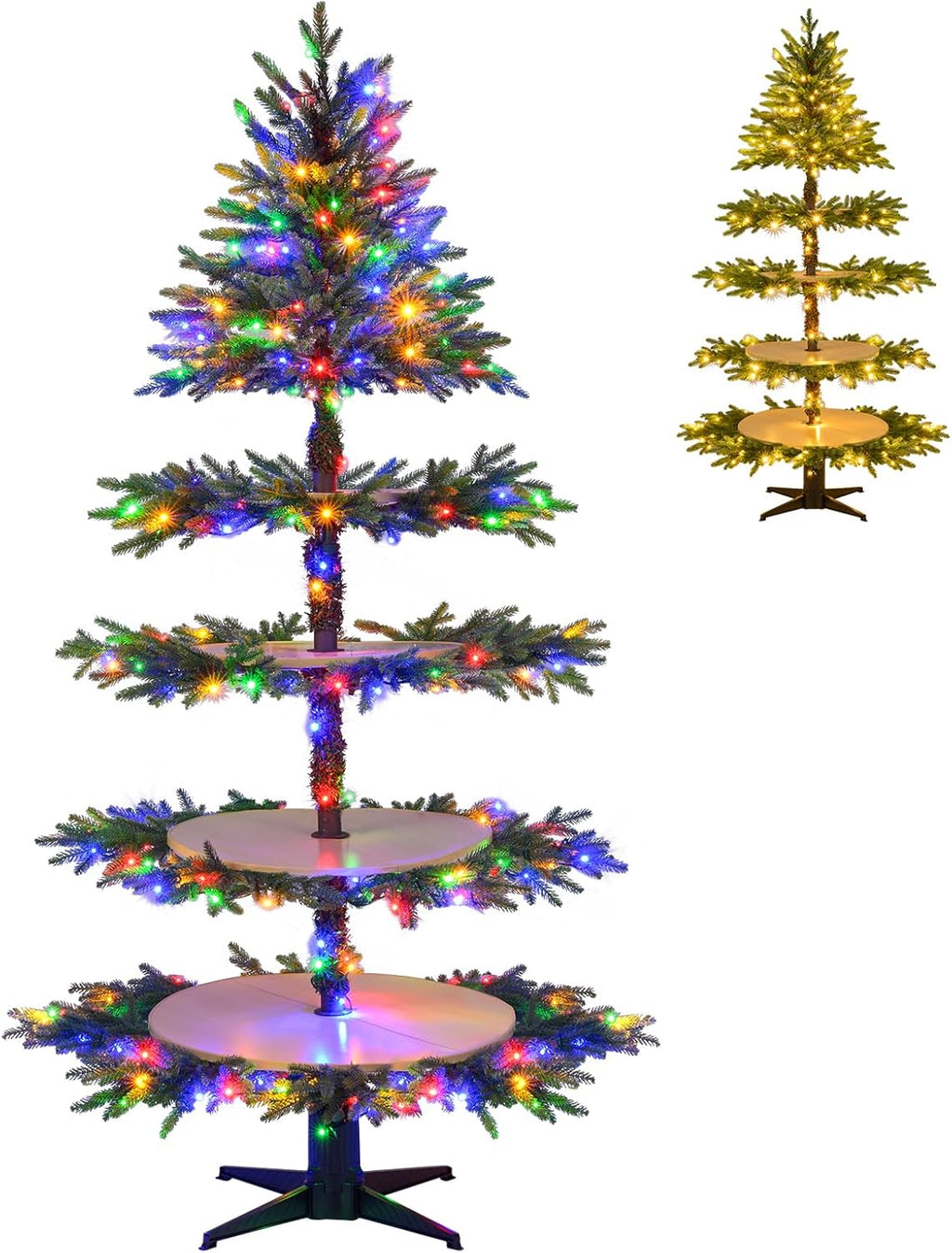 Goplus 6.4 FT Pre-Lit Rotating Christmas Tree with Display Shelves, 360° Rotatable Base, 220 Warm White & Multicolored LED Lights, 11 Modes, 280 Branch Tips, Hinged Artificial Xmas Tree for Home