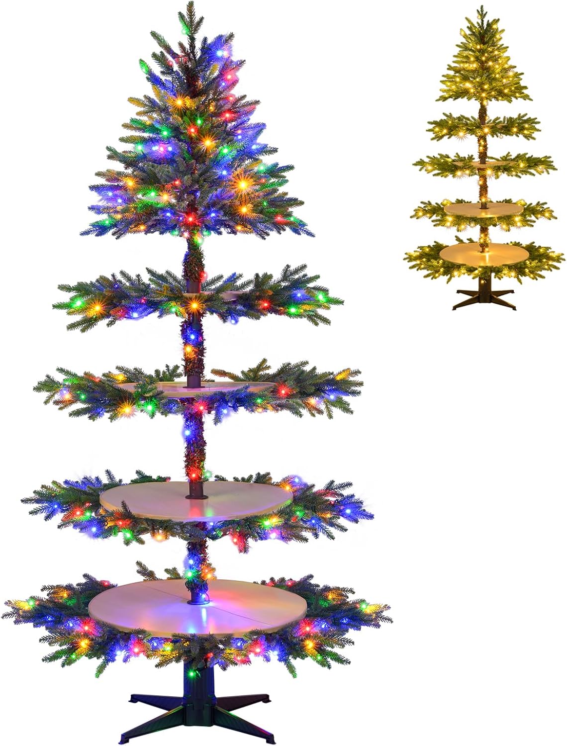 Goplus 6.4 FT Pre-Lit Rotating Christmas Tree with Display Shelves, 360° Rotatable Base, 220 Warm White & Multicolored LED Lights, 11 Modes, 280 Branch Tips, Hinged Artificial Xmas Tree for Home
