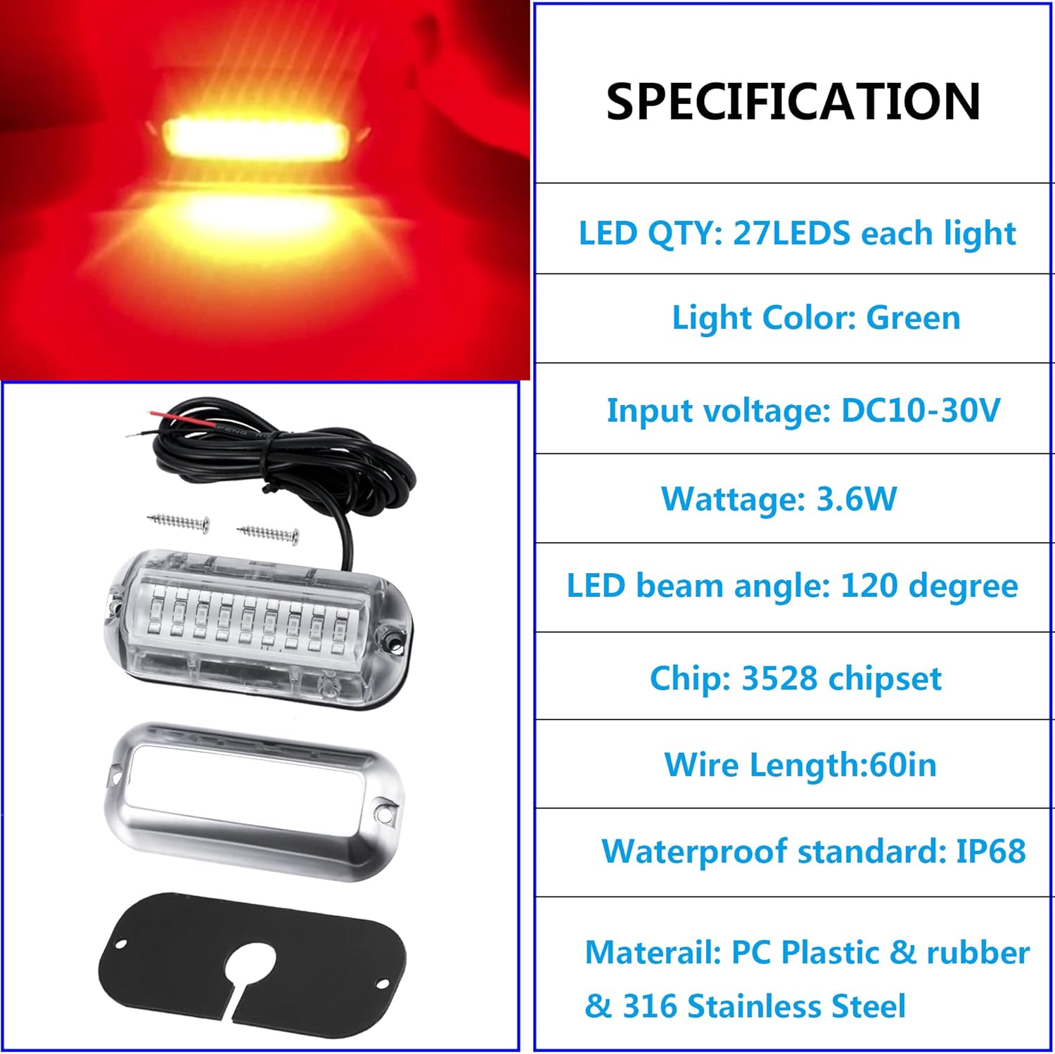 2Pcs Red Marine Boat LED Lights,27 LEDs Waterproof IP68 Stainless Steel Boat Deck Dock Pontoon Transom Yacht Trailer Stern Navigation Interior Lights,1200LM
