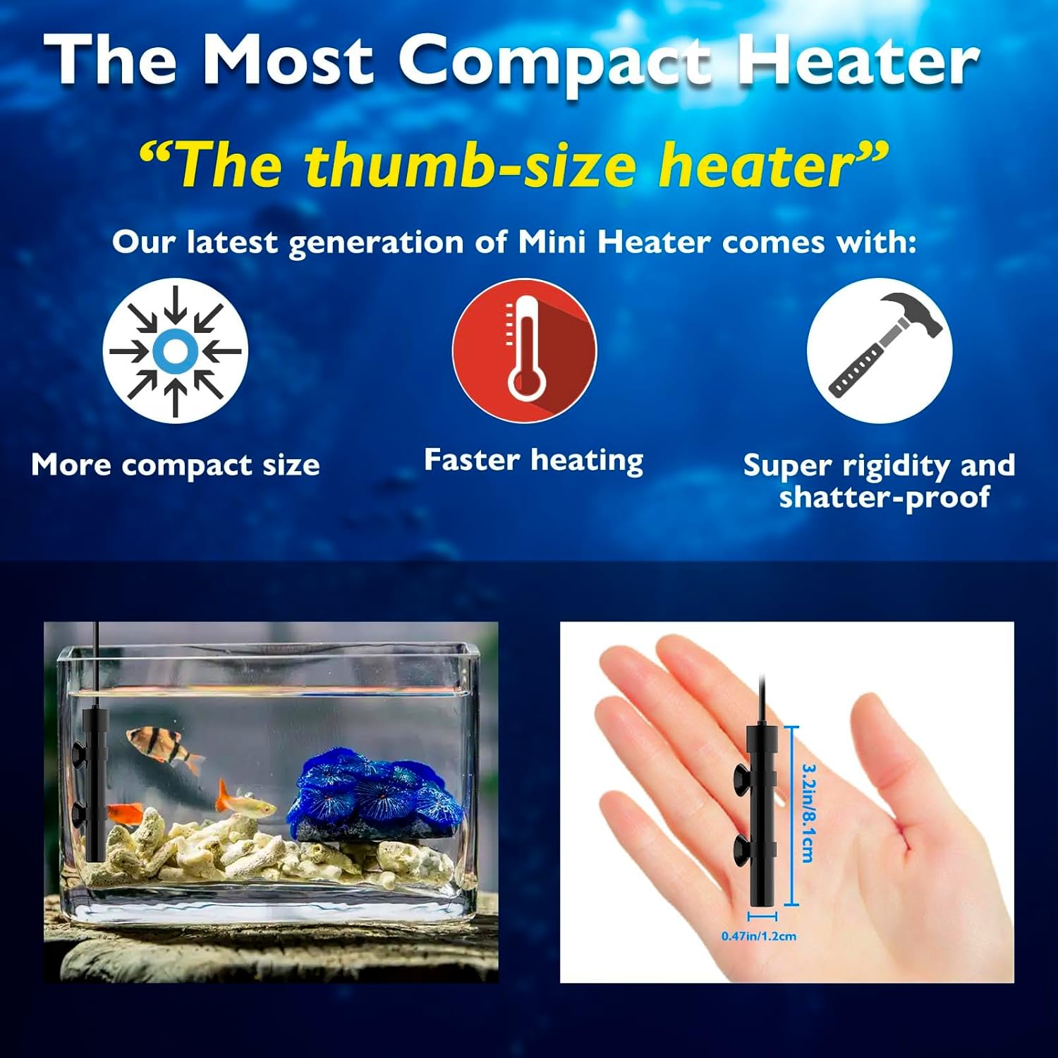 Super Mini Aquarium Heater 15W Alumina Ceramic Betta Heater Adjustable Submersible Fish Heater Small Fish Tank Heater Turtle Heater with Digital Display Thermostat, for 1-3 Gallon Tanks