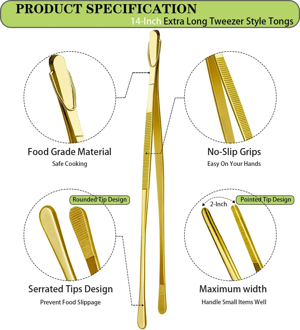 JETKONG 2 Pcs 14-Inch Cooking Tweezers Extra Long Stainless Steel Food Tweezers Kitchen Tweezer Tongs (Gold)