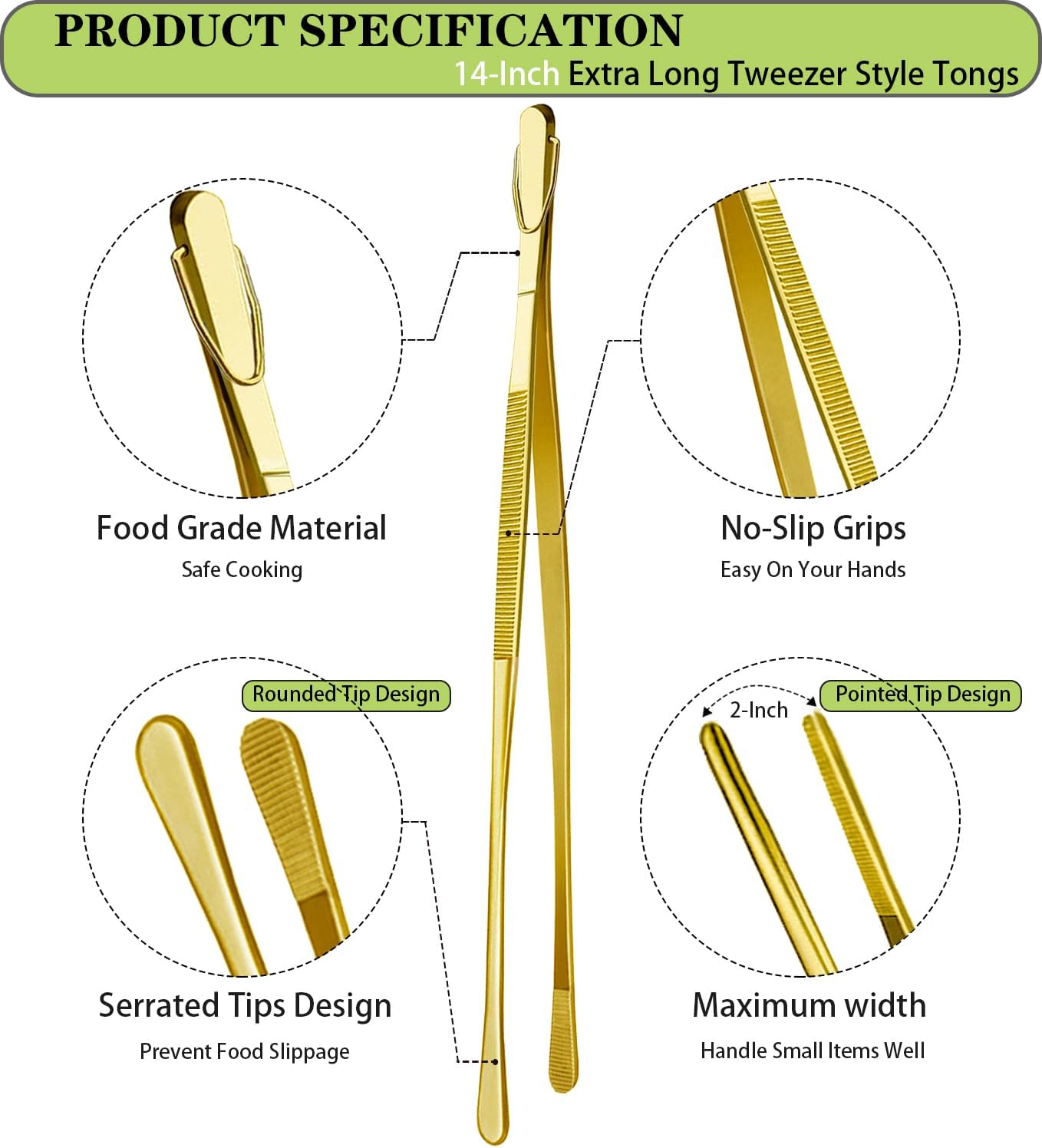 JETKONG 2 Pcs 14-Inch Cooking Tweezers Extra Long Stainless Steel Food Tweezers Kitchen Tweezer Tongs (Gold)
