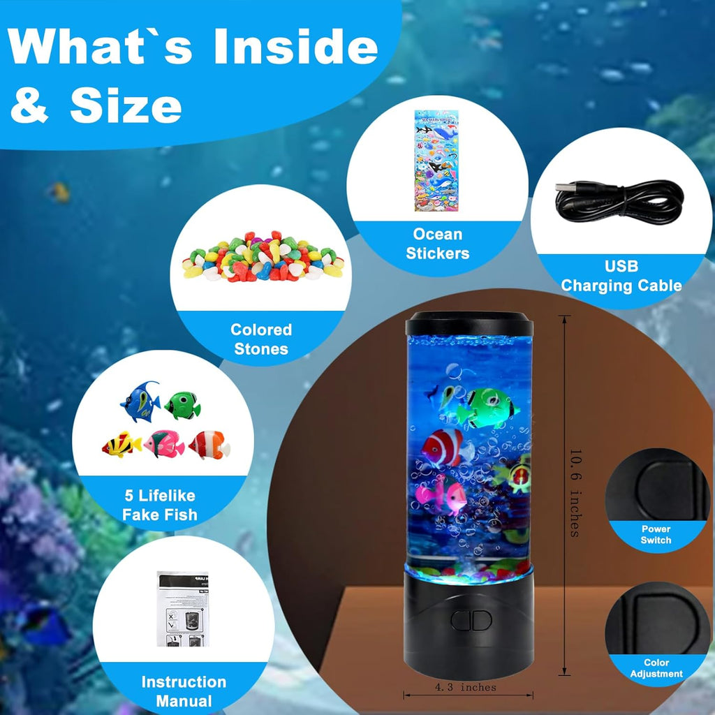 Toycol Bubble Fake Fish Lamp, Sensory Aquarium Lamp with 5 Floating Fake Fish & 7 Colors Light, Night Light for Relax and Decoration, Ideal Gift for Kids and Adults