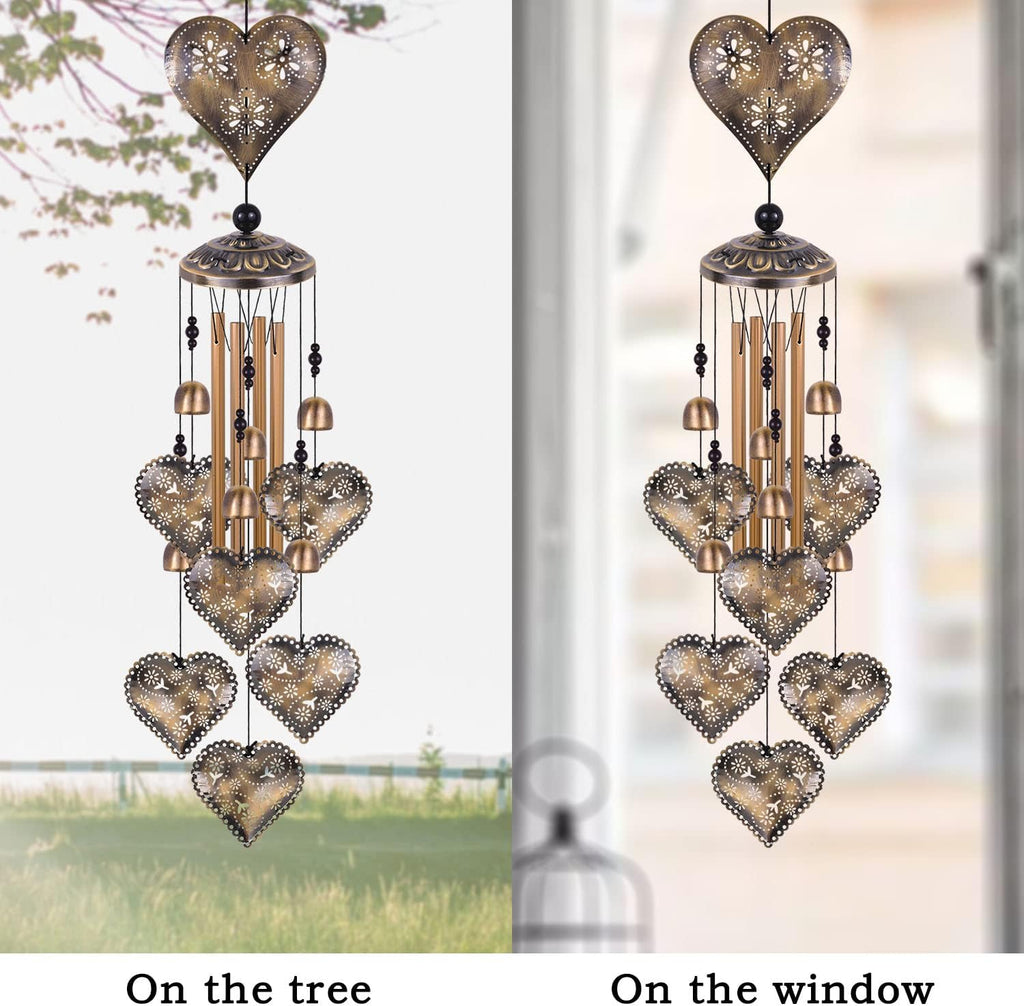 Heart Shape Wind Chimes for Garden, Gifts for Mom, Home, Balconies, Rooms, Patio, Indoor, Outdoor Heart Decoration, Hearts Shape Wind Catcher, Bronze Memorial Wind Bells, Hearts Wind Chimes Decor