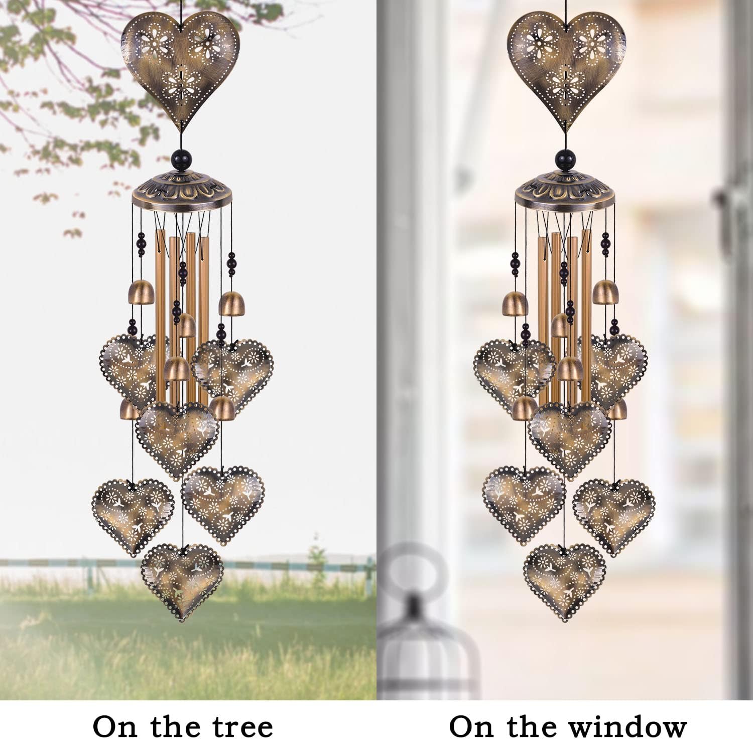 Heart Shape Wind Chimes for Garden, Gifts for Mom, Home, Balconies, Rooms, Patio, Indoor, Outdoor Heart Decoration, Hearts Shape Wind Catcher, Bronze Memorial Wind Bells, Hearts Wind Chimes Decor