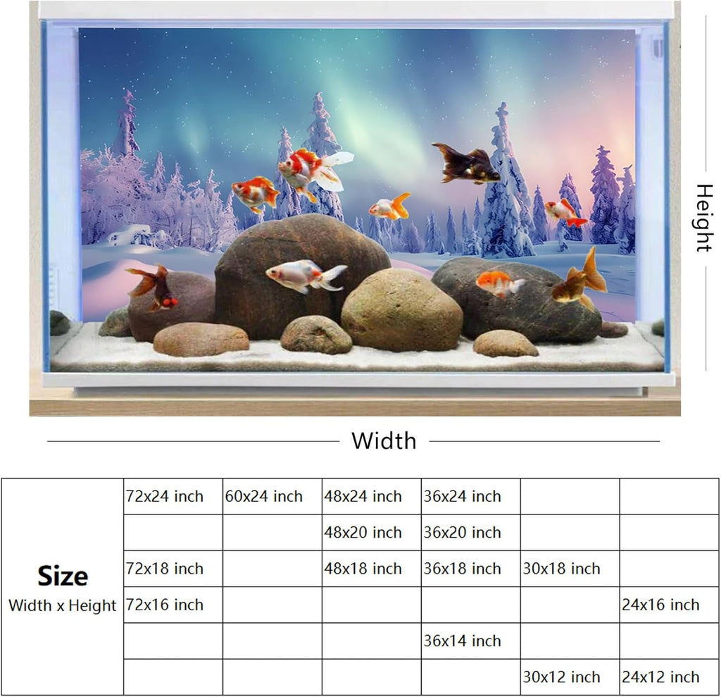 YongFoto Winter Snow Scene Fish Tank Background 72x24 inch Snowfield Pine Forest Rime Starry Sky Aurora Polyester Backdrop Reptile Habitat Terrarium Bearded Dragon Aquarium Background