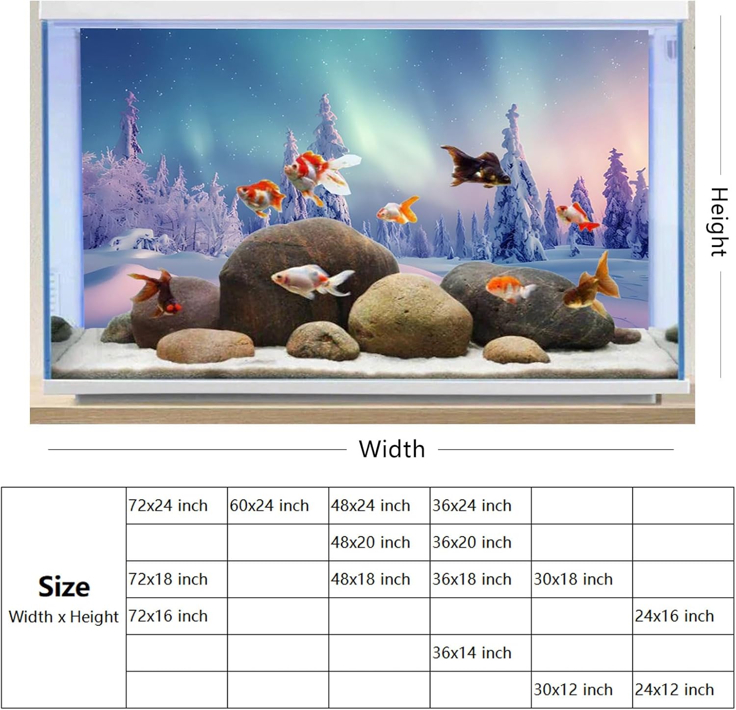 YongFoto Winter Snow Scene Fish Tank Background 72x24 inch Snowfield Pine Forest Rime Starry Sky Aurora Polyester Backdrop Reptile Habitat Terrarium Bearded Dragon Aquarium Background