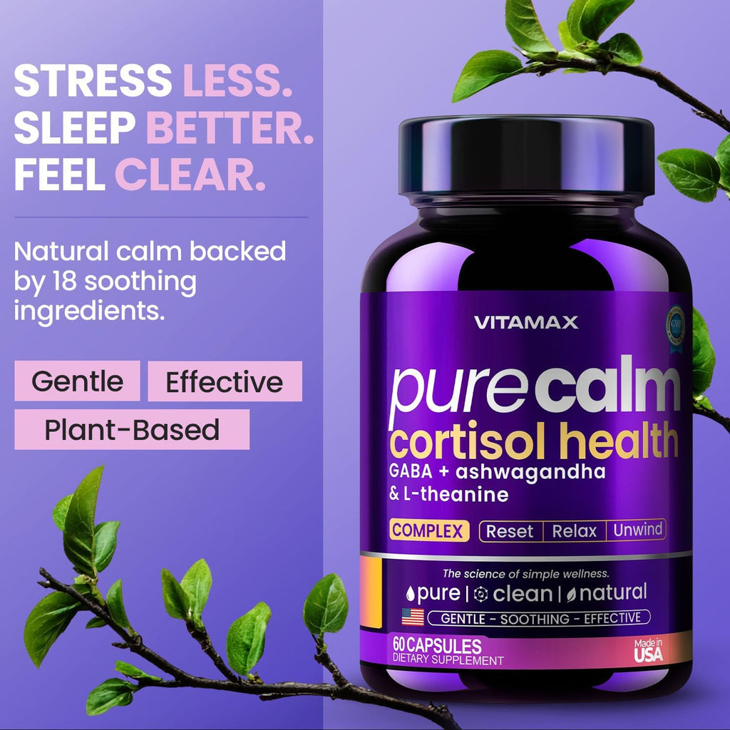 Vitamax Pure Calm Cortisol Supplements for Women - L Theanine, Ashwagandha, GABA for Relaxation, Mood & Stress Support with Ginkgo Biloba, Bacopa Monnieri, 5-HTP – Non-GMO, Made in USA – 60ct