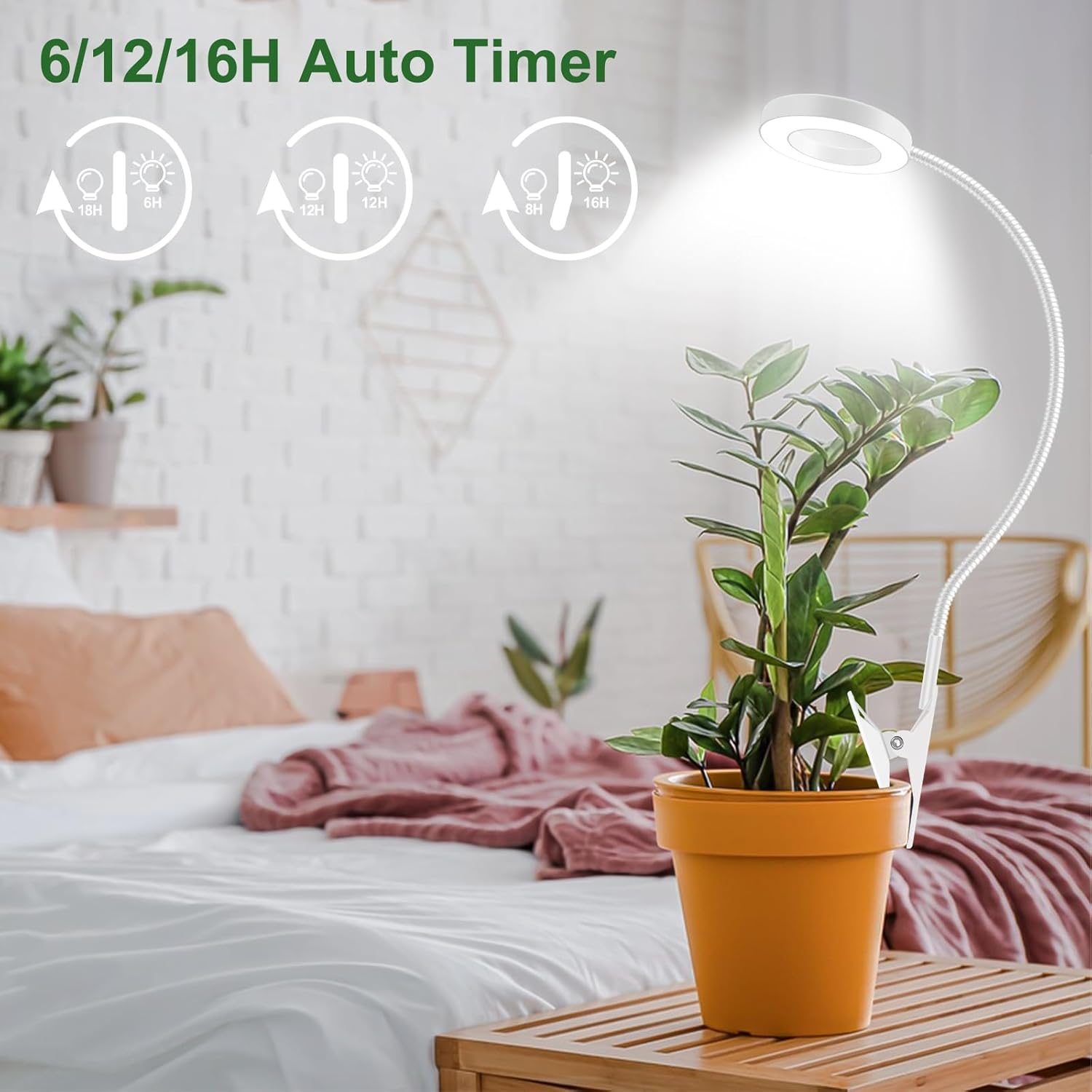 Wolezek 2 in 1 Grow Lights for Indoor Plants, 3 Colors Plant Lights for Indoor Growing with 360° Gooseneck, 48 LEDs Full Spectrum Plant Grow Lights Indoor, 6/12/16H Timer, 5 Brightness, White 1 Pack