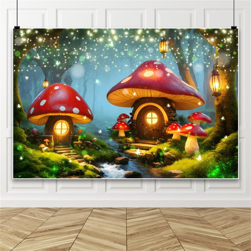 AOFOTO 8x6ft Elf Mushroom House Photo Backdrop Fairy Tale Enchanted Forest Photography Background Wonderland Magic Forest Trees Butterfly Girls Princess Kids Birthday Party Decoration Banner Props