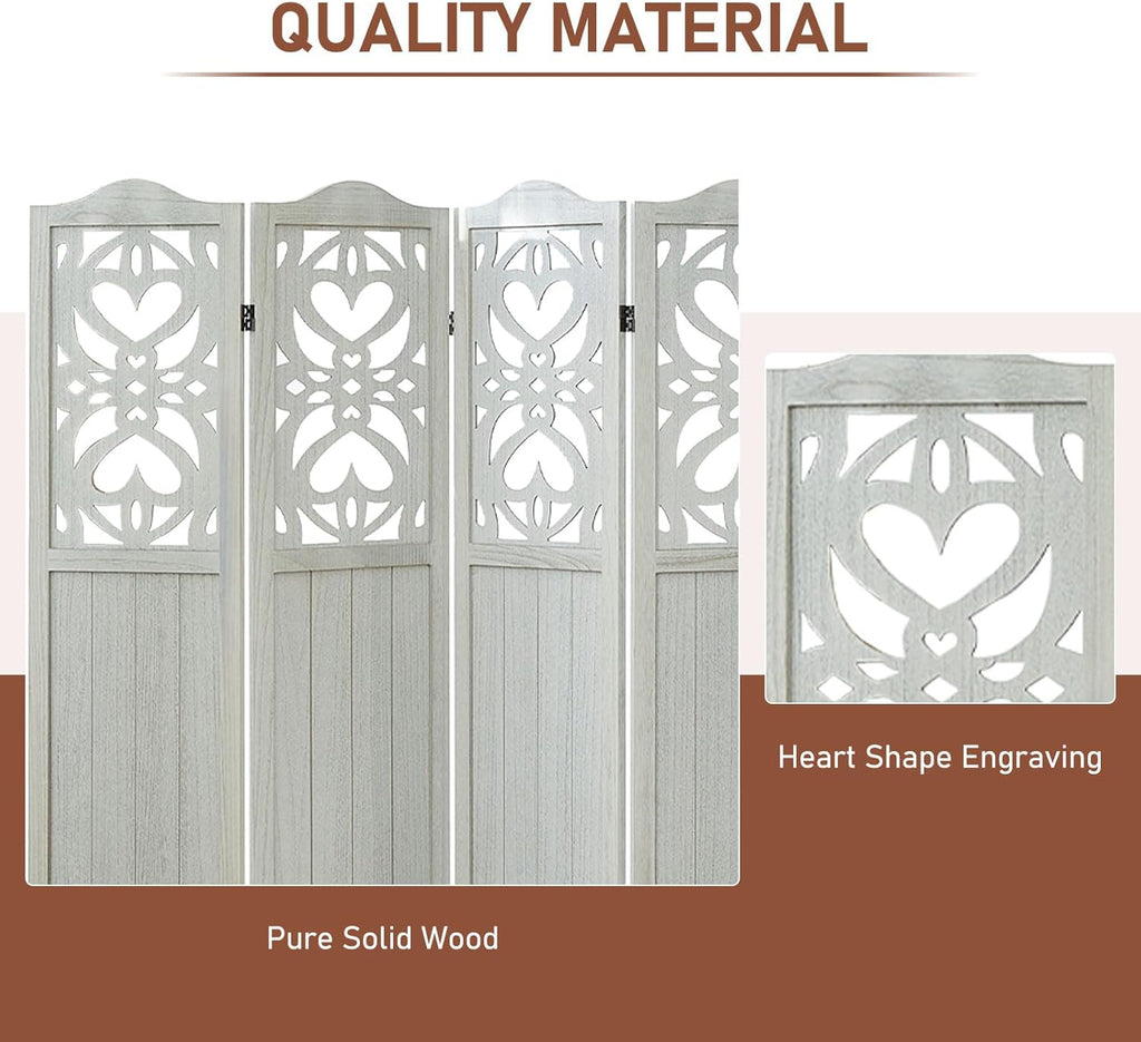 4 Panel Room Divider Fully Assembled, Carved Room Dividers and Folding Screens, 5.6Ft Wood Room Divider Screen Freestanding Partition Wall Dividers for Home Bedroom Office, Rustic White