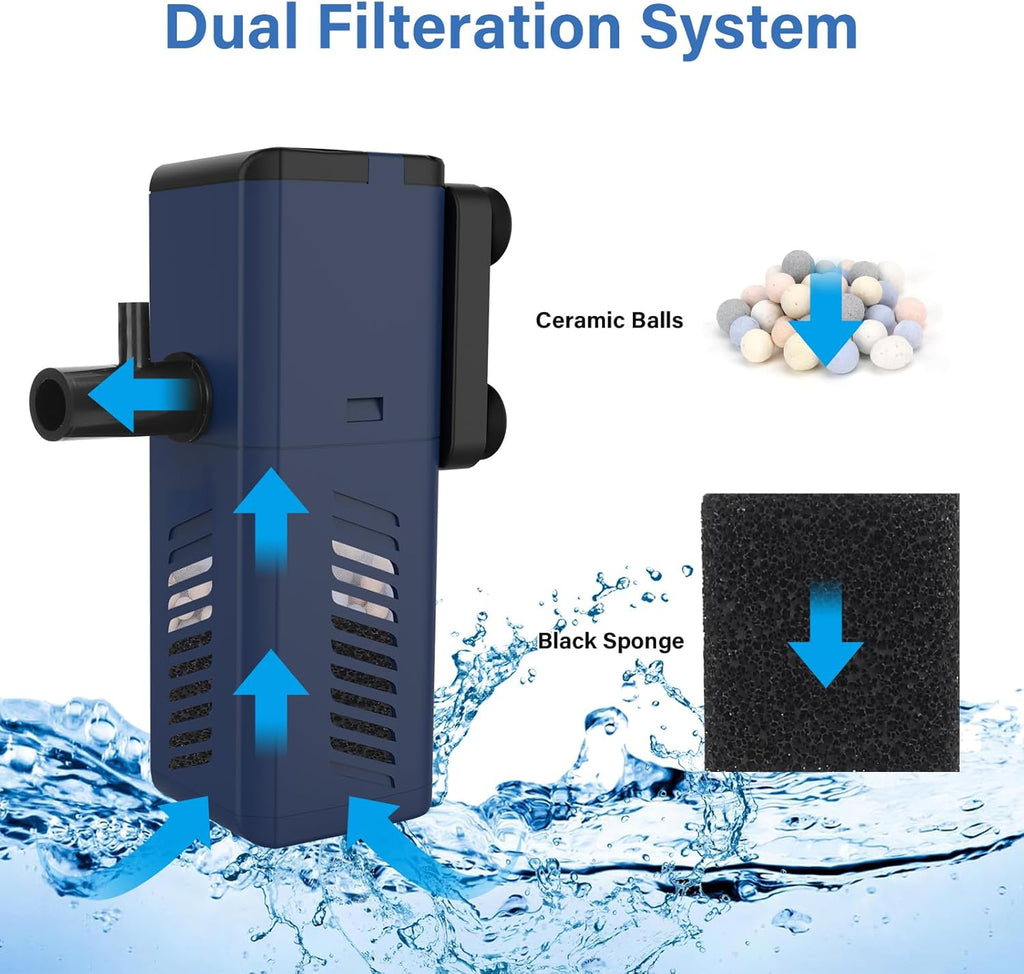 Aquarium Internal Filter, 135GPH Multi-Layer Filtration Submersible Fish Tank Filter with Aeration & Rainfall, Oxygenation Circulation Adjustable Silent Airflow Sponge Filter for 25-100 Gal Tanks