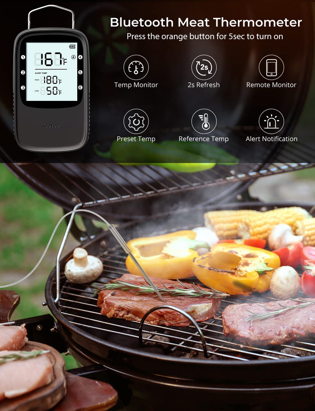 Govee Bluetooth Meat Thermometer, Wireless Meat Thermometer for Smoker Oven, Digital Grill Thermometer with 6 Probes, Timer Mode, Smart LCD Backlight BBQ Thermometer for Cooking Turkey Fish Beef
