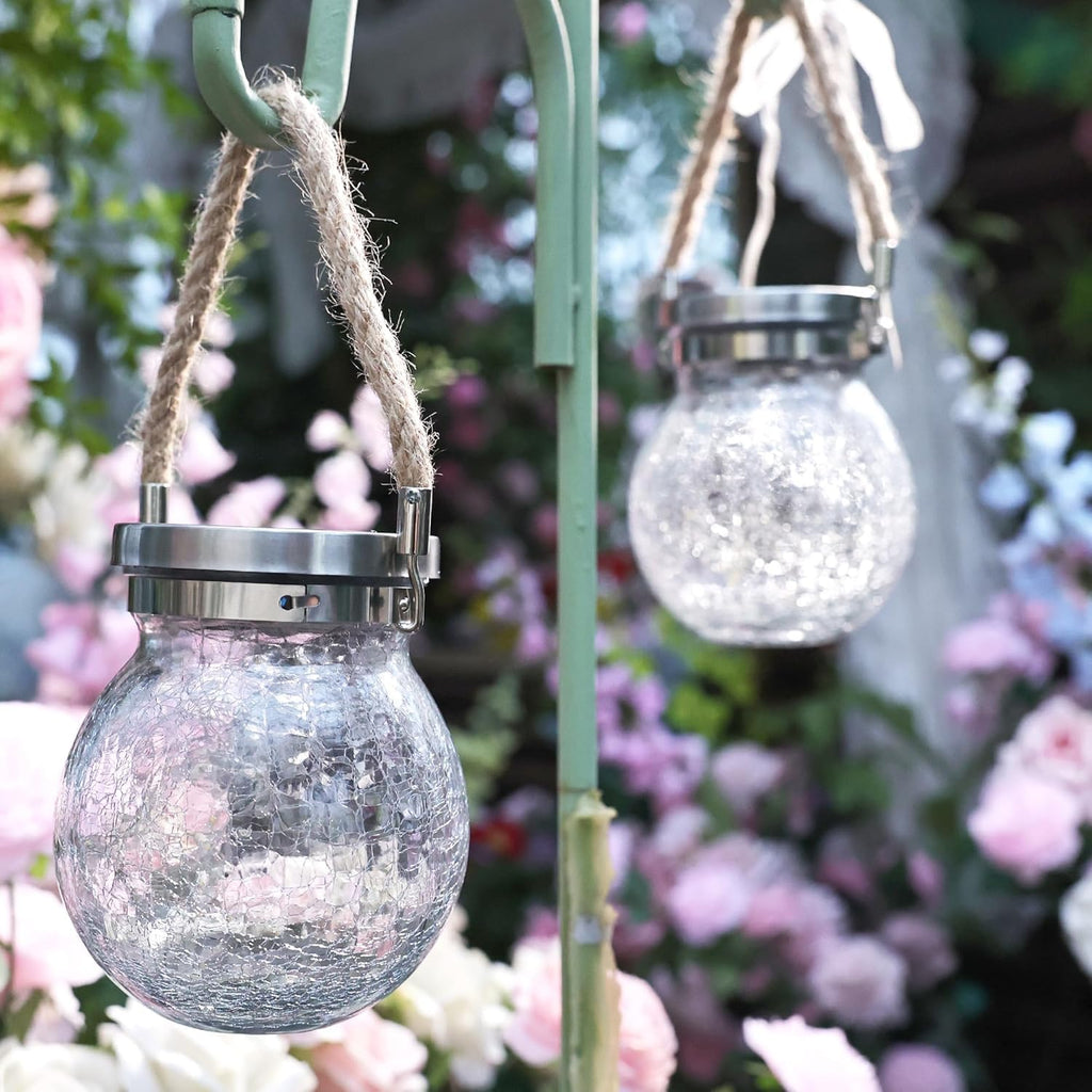 Cooo Christmas Gifts 4 Pack Heavy Crackle Glass Solar Lantern with 30 LED Firefly Lights– Waterproof Outdoor Hanging Lamp 215% Larger Solar Panel, Stainless Steel Lid Decorative Lighting for Garden