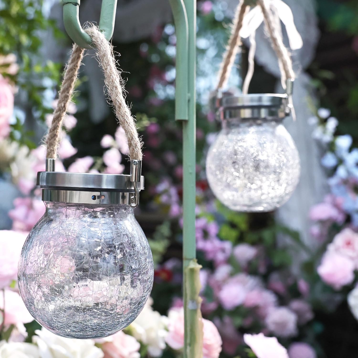 Cooo Christmas Gifts 4 Pack Heavy Crackle Glass Solar Lantern with 30 LED Firefly Lights– Waterproof Outdoor Hanging Lamp 215% Larger Solar Panel, Stainless Steel Lid Decorative Lighting for Garden