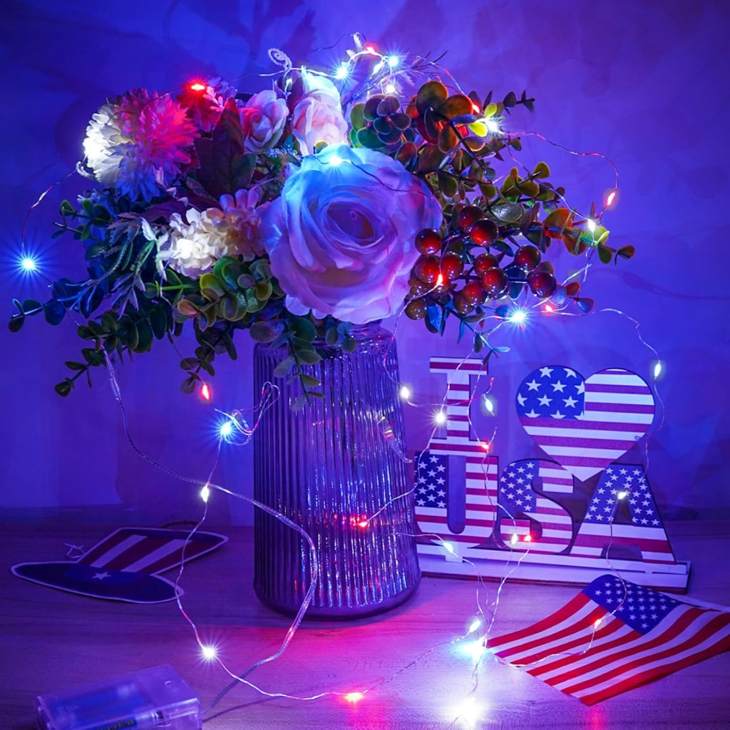 Christmas Fairy Lights Decorations, 4-Pack Red White and Blue Battery Operated Lights with Timer, Waterproof 16FT 50 LED String Light Indoor Outdoor for Xmas Tree Party Home Memorial Day DIY Decor