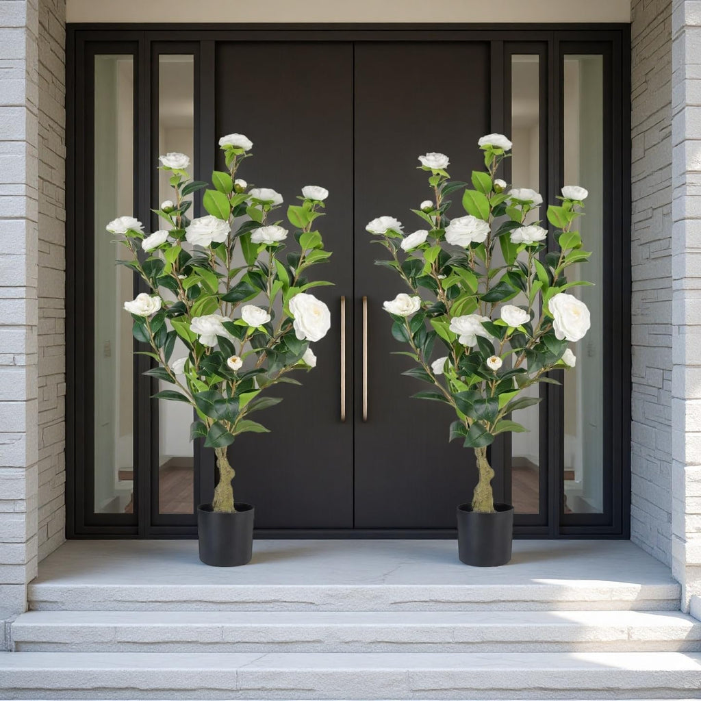 Artificial Camellia Tree 2 Pack, 3FT Faux Camellia Plant in Pot, 36 inch Fake Potted Camellia Flower Tree Plastic Camellia Tree for Modern Home Office Living Room Floor Decor Indoor, White