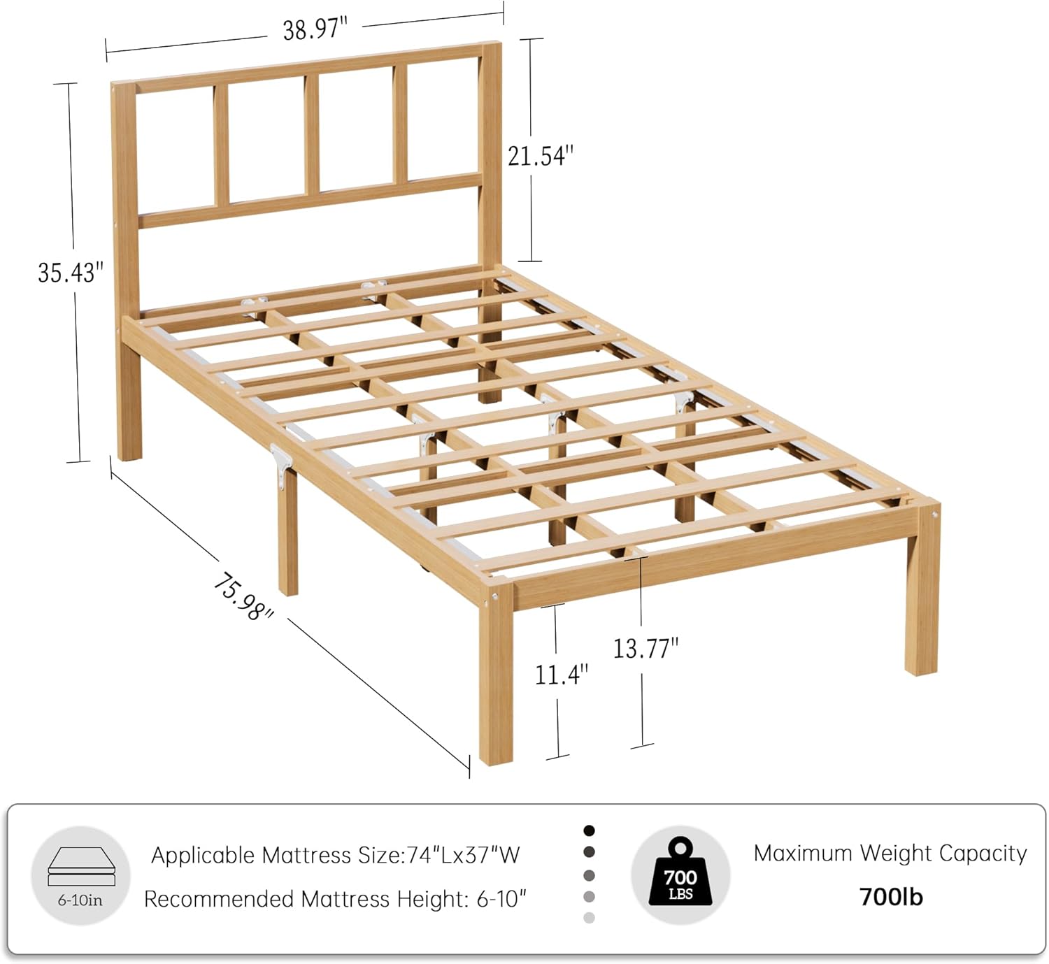 14 Inch Bamboo Bed Frame – Solid Wood Platform Bed Frame, Strong and Stable, with Non-Slip Slats for Support, No Box Spring Needed, Easy to Assemble, Noise-Free (Natural with Headboard, Twin)