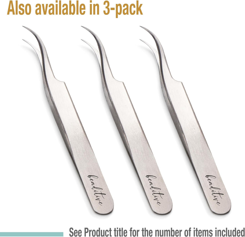 Beaditive High Precision Curved Tip Tweezers 3 Pack - 4.5" Craft Tweezers for Sewing, Beading & DIY Crafts - Non-Serrated Jewelry Tweezer Set with Fine Curved Tips - Stainless Steel Hobby Tweezers