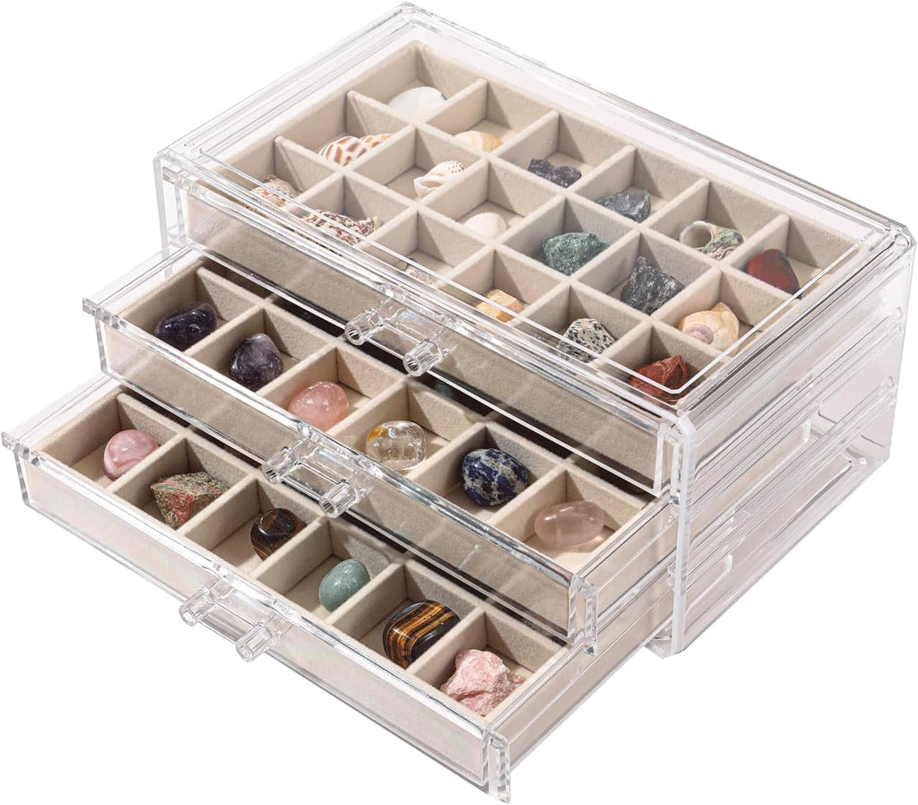 Acrylic Rock Collection Display Case with 54 Grids Storage Compartments Rock Collection Boxes Display Organizer Collection Storage Display Cases for Collectibles Crystal /Rock（Beige）