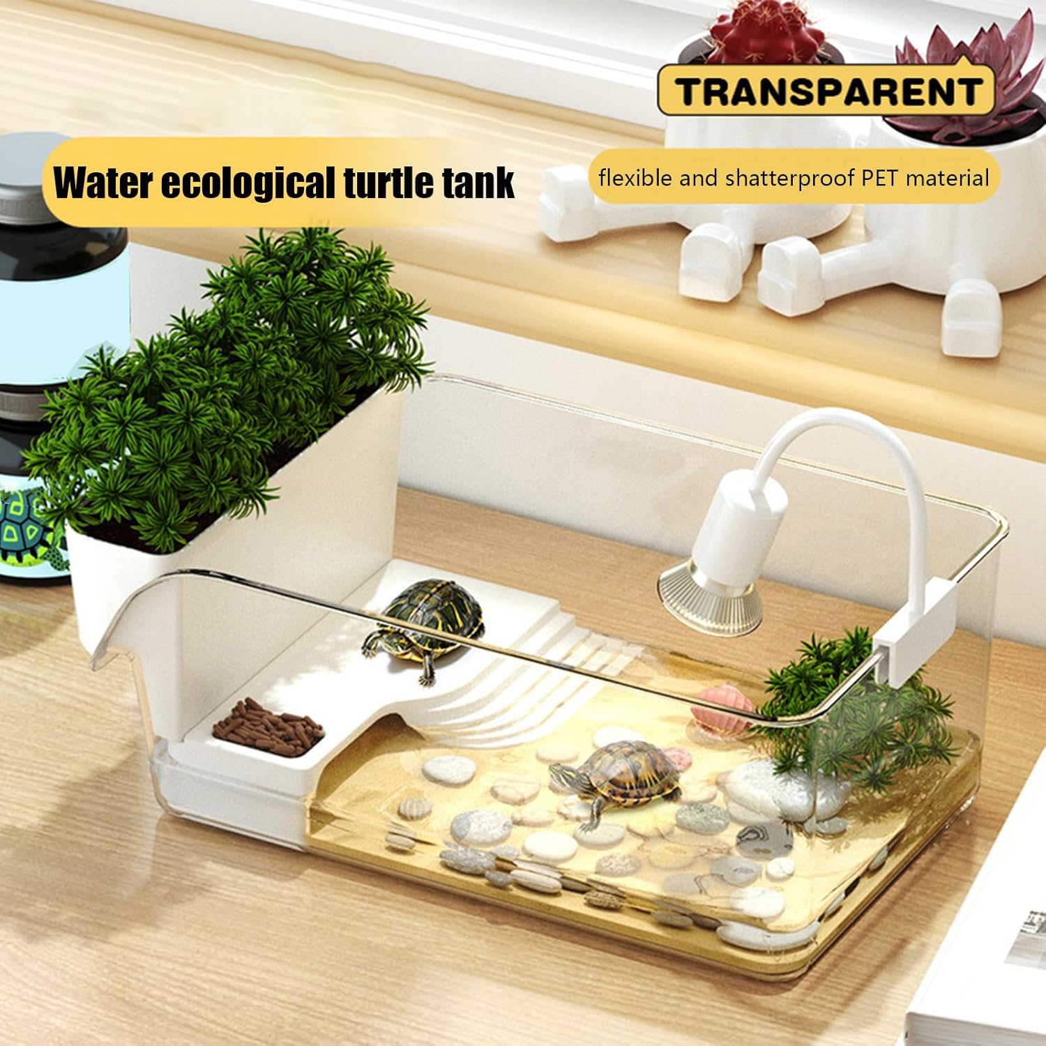Clear Turtle Habitat - Mini Crab Feeding Area, Decorative Basking Platforms, Small Tortoise Terrapin Enclosure | Educational Reptile Terrarium Setup for Pet Adoption Preparation Eco Friendly Aquarium