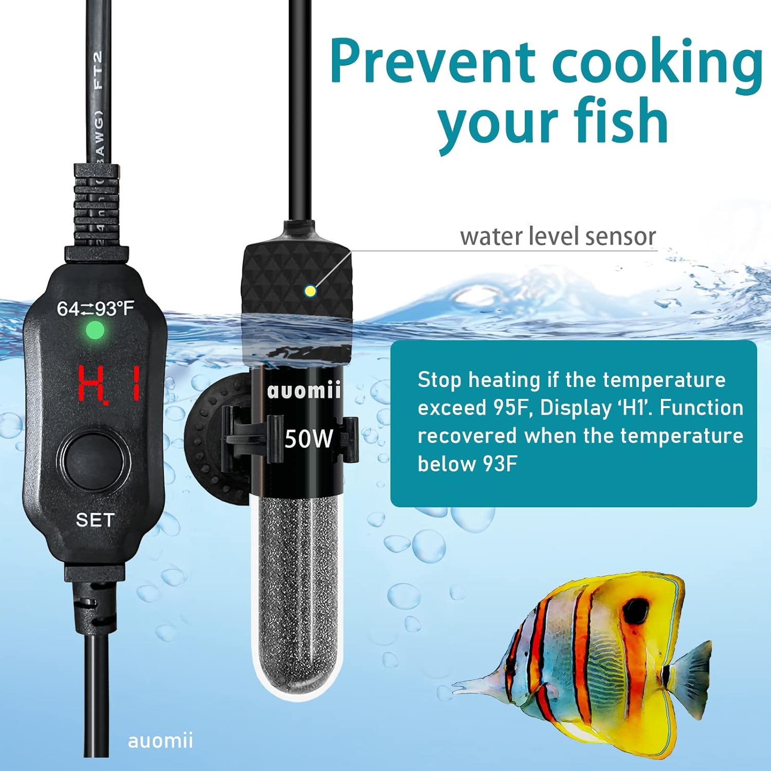 Mini Submersible Aquarium Heater,200 Watts Adjustable Fish Tank Heater, Built-in Thermometer, External Temperature Controller, Smart Memory, Used for 1-60 Gallons (200 Watts)