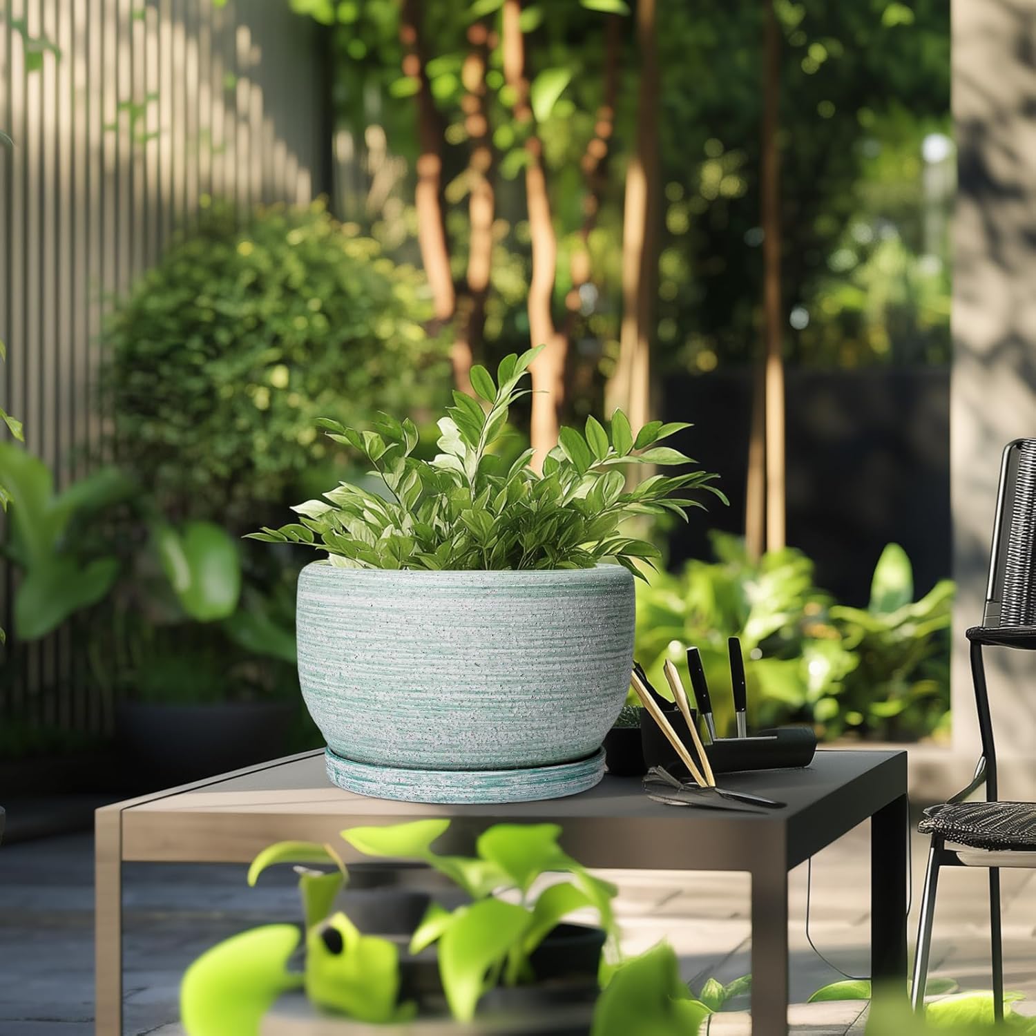 SQOWL Ceramic Pots for Plants - 10 Inch Ceramic Planter for Indoor Outdoor, Modern Round Flower Pot with Drainage Hole and Saucer, Large Planter, Home Office Decor, Gifts for Plant Lovers, Green