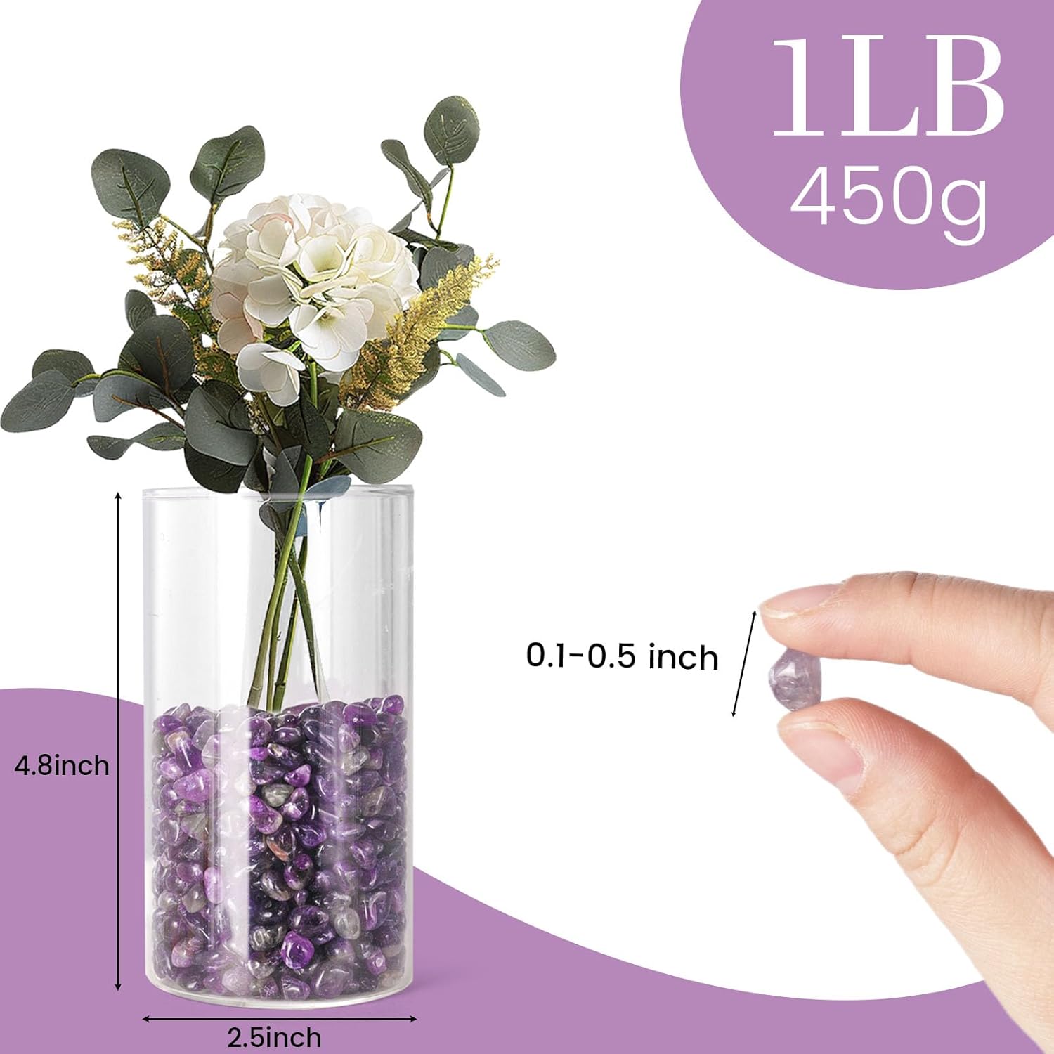 JOHOUSE Polished Gem Stones Rocks Crystals 1 Lb/450g Natural Tumbled Stones Amethyst Crystal Chips Bulk for Fish Tank Rocks Gravel, Vase Filler, Plants Decor