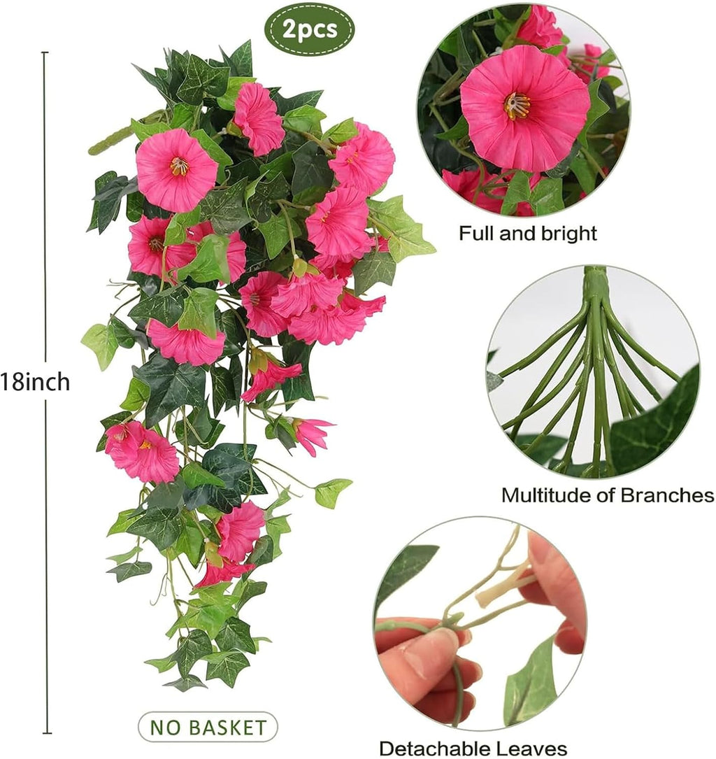 RECUTMS Artificial Fake Hanging Flowers Plants for Outdoor Decoration, 2 Pcs UV Resistant Faux Petunias Trailing Plants Realistic Flower Look Real for Door Wall Yard Porch Garden Planter (Rose Red)