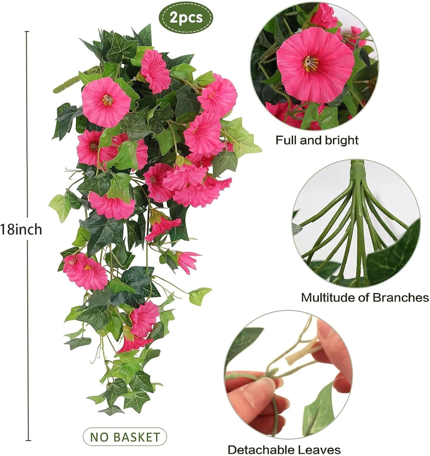 RECUTMS Artificial Fake Hanging Flowers Plants for Outdoor Decoration, 2 Pcs UV Resistant Faux Petunias Trailing Plants Realistic Flower Look Real for Door Wall Yard Porch Garden Planter (Rose Red)