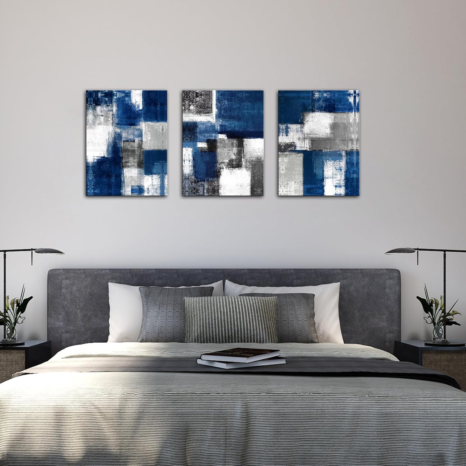 The Mode Art 3 Panels Picture Canvas Print Blue Abstract Poster Photo Painting Modern Wall Artwork for Home Office Living Room Bedroom Decor Gallery Wrap 12x16inch (Multi)