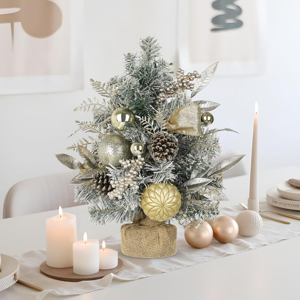 Flocked Christmas Tree Mini Tabletop Christmas Tree with Ornaments Berries Pinecones, 19" Small Fake Xmas Trees Plant Christmass Decorations for Table Centerpiece, Mantel Entryway Winter Holiday Decor