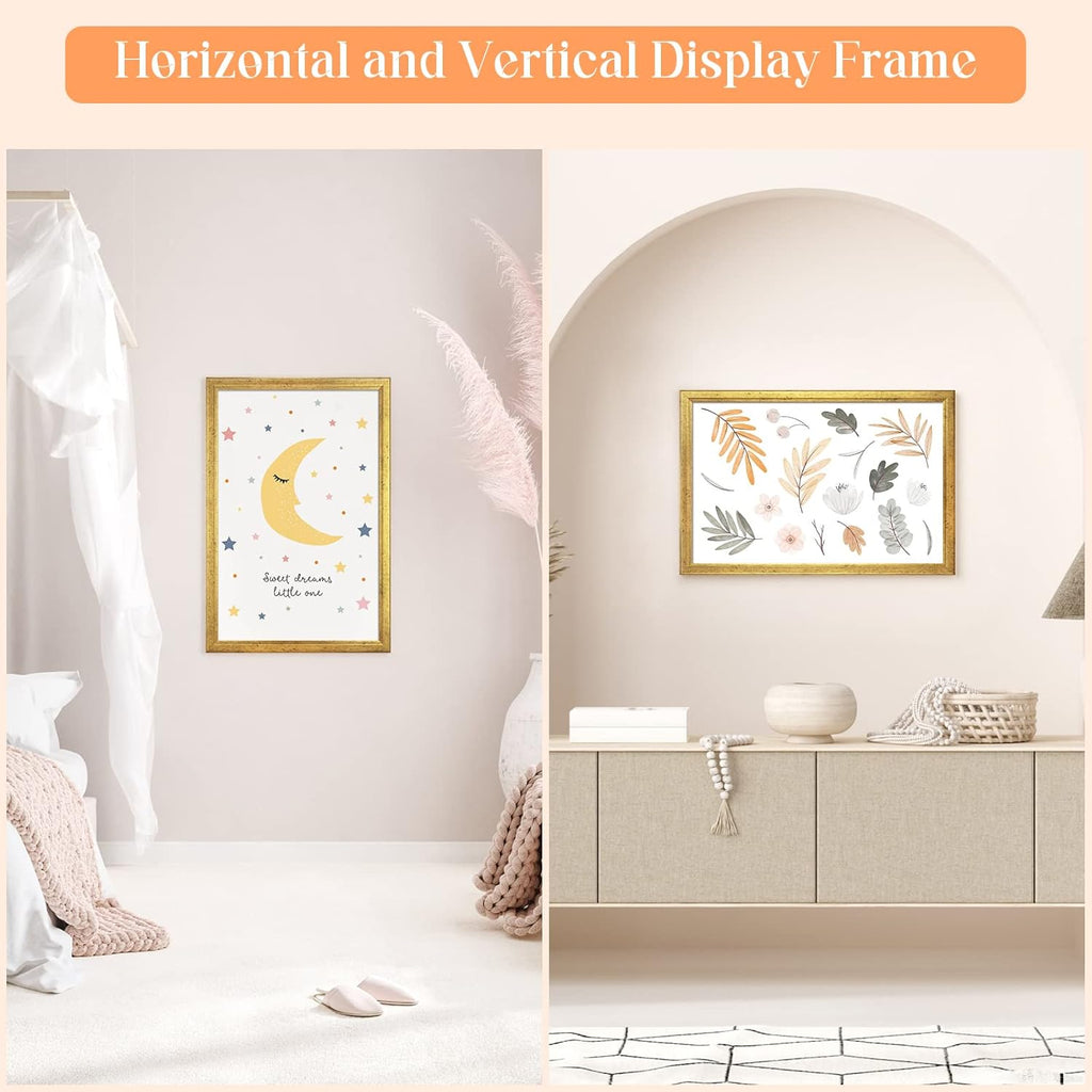16x24 Wood Frame Gold, Ornate Natural 24x16in Picture Poster Frame, Modern Golden 16 x 24inch Gallery Wall Photo Frame with HD Plexiglass, Horizontal Vertical Wall Mounting Display 1pcs