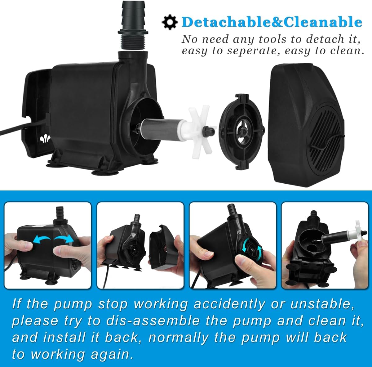 PULACO 800GPH（Large Flow: 3000L/H） Submersible Water Pump with 6.5 ft Tubing, 45W durable fountain water pump 4 Nozzles for Pond Fountain, Aquariums Fish Tank, Statuary, Hydroponics
